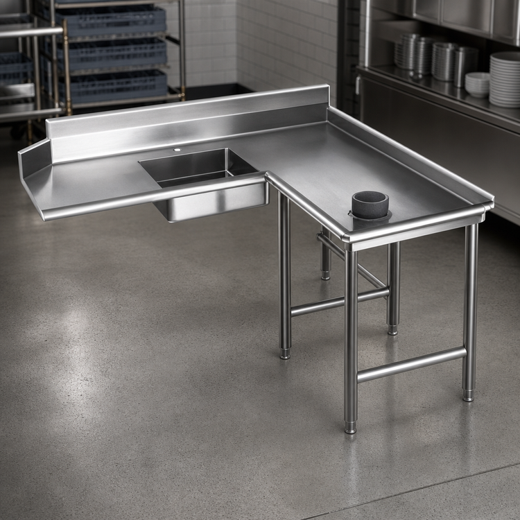Product image #3 for Spec-Master Soiled Island Dishtable with Pre-Rinse Sink, 120" Machine Side, 14 Gauge 304 Stainless Steel, Right-to-Left Operation