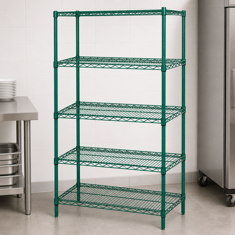 Product image #3 for Quantum 36 in. W x 14 in. D x 63 in. H 5-Shelf Stationary Wire Shelving Starter Kit, Green Epoxy Antimicrobial Finish