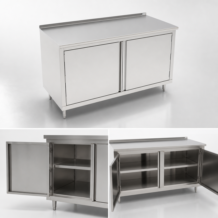 Product image #3 for John Boos 72 x 24 Inch Cabinet Base Enclosed Work Table with Hinged Doors, 14-Gauge Stainless Steel Top and 1-1/2 Inch Rear Riser