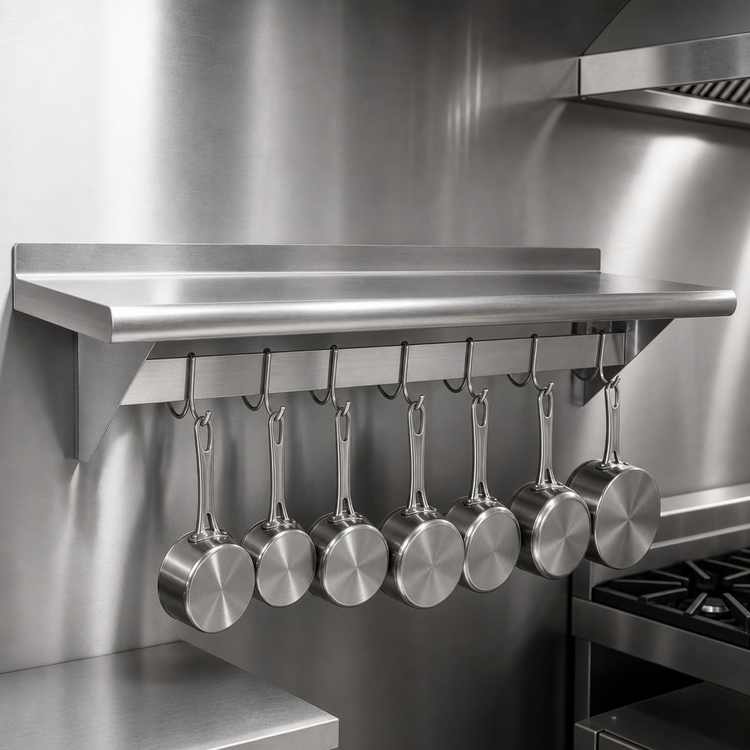 Product image #3 for Omcan Stainless Steel Wall-Mounted Pot Rack Shelf with 7 Hooks, 12 x 36 Inches