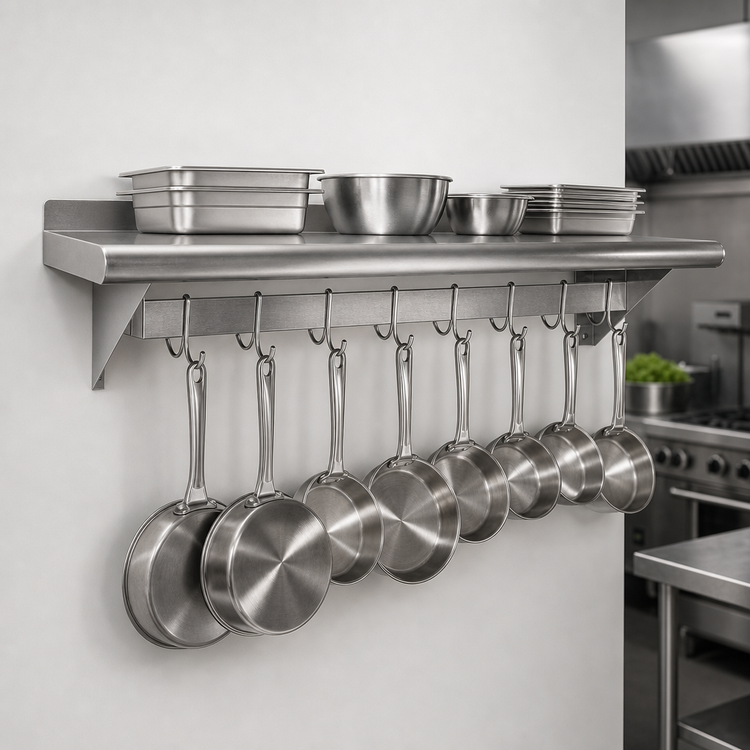 Product image #3 for Omcan Stainless Steel Wall-Mounted Pot Rack with Shelf, 12 x 60 Inches, 11 Hooks