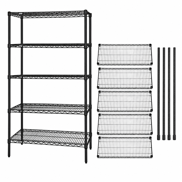 Product image #3 for Quantum Stationary Wire Shelving Starter Kit, 30"W x 21"D x 86"H, Black Epoxy Antimicrobial Finish, with 5 Shelves and 4 Posts