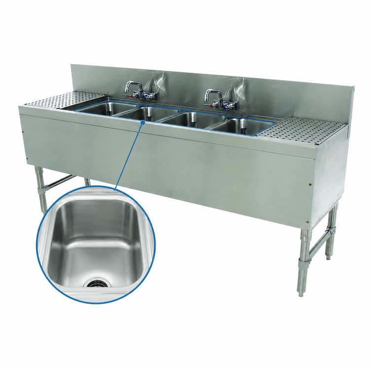 Product image #3 for Advance Tabco Prestige Supreme 4-Compartment Stainless Steel Underbar Sink Unit with Left and Right Drainboards