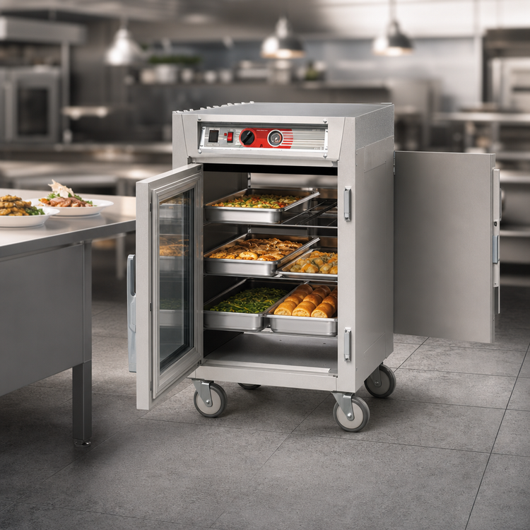 Product image #3 for Metro C5 6 Series Mobile Half-Height Pass-Thru Heated Holding Cabinet with 1 Tempered Double-Pane Glass Door and 1 Solid Door, 120V
