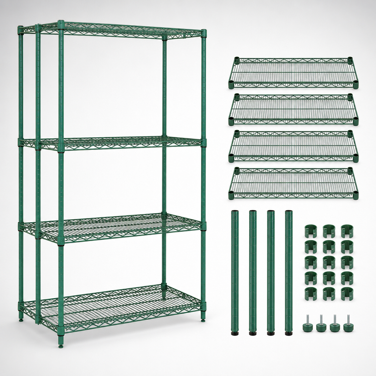 Product image #3 for Quantum 42" W x 30" D x 63" H Wire Shelving Starter Kit, 4-Shelf Stationary Unit, Green Epoxy Finish