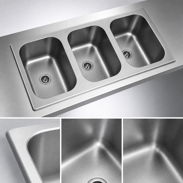 Product image #3 for Eagle Group Three-Compartment Weld-In Sink with Deep-Drawn Seamless Bowls, 10" W x 14" D x 9-1/2" Deep