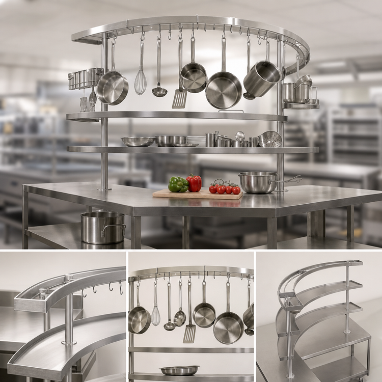 Product image #3 for Advance Tabco Table-Mounted Semi-Circular Pot Rack with 18 Hooks and Utensil Rack, 108 Inch, Stainless Steel