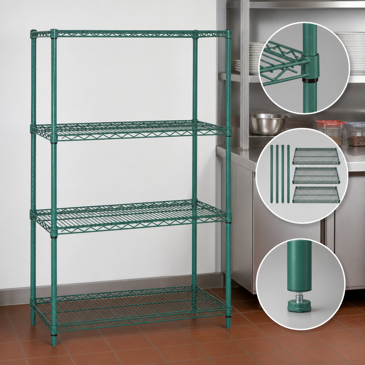 Product image #3 for Quantum Wire Shelving Starter Kit, 36W x 14D x 54H, Stationary, Green Epoxy Antimicrobial Finish