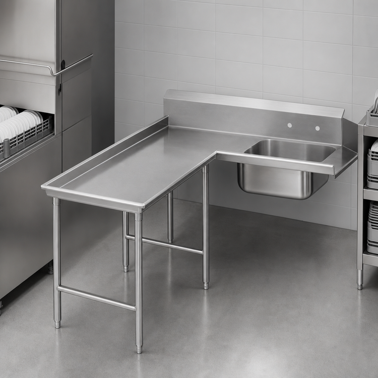 Product image #3 for Island Corner Soiled Dishtable with 20" x 20" x 5" Pre-Rinse Sink, 59" Machine-to-Corner, 64" Corner-to-End