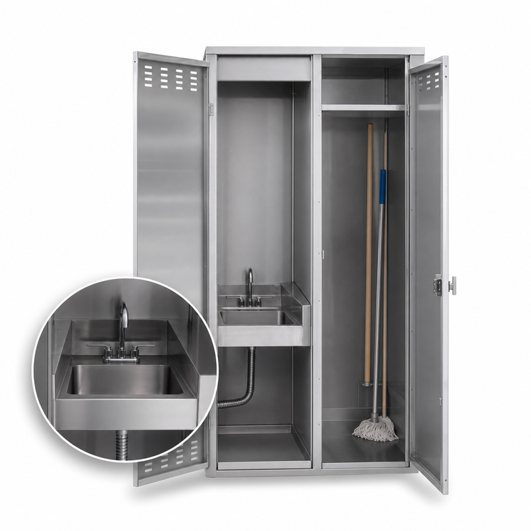 Product image #4 for John Boos Left-Hand Stainless Steel Janitor Cabinet with Integrated Mop Sink and Storage, 48W x 22-1/2D x 84H