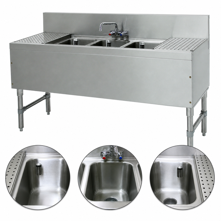 Product image #3 for Advance Tabco Prestige 3-Compartment Underbar Sink Unit with Dual Drainboards and Faucet, 72 Inch