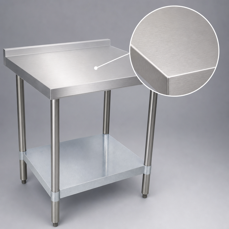 Product image #3 for BK Resources 30 x 30 Inch 18/430 Stainless Steel Corner Work Table with 1-1/2 Inch Rear Riser and Galvanized Undershelf
