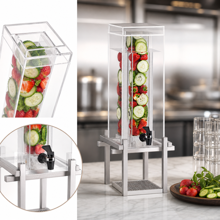 Product image #3 for One by One 1.5 Gallon Acrylic Infusion Beverage Dispenser with Drip Tray, Silver Metal Base