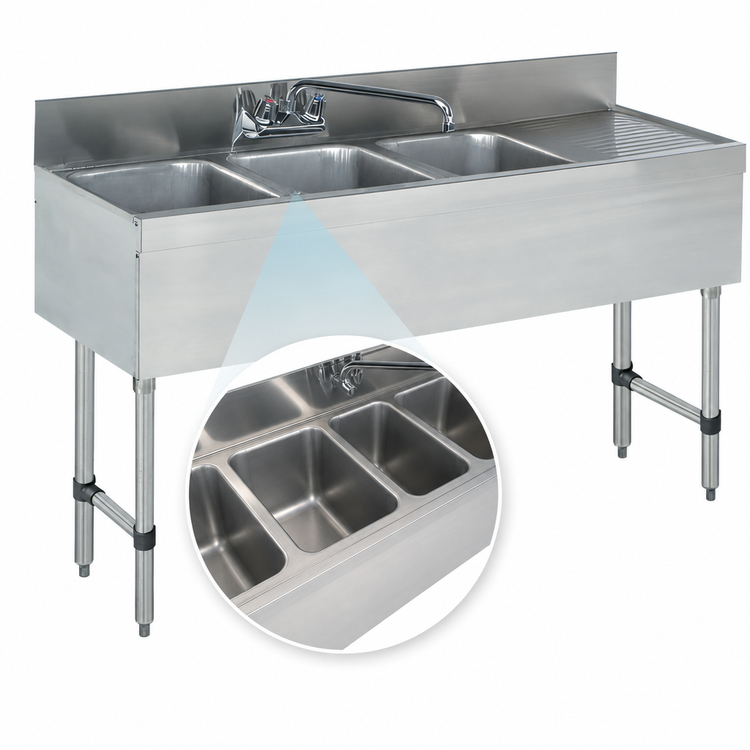 Product image #3 for Advance Tabco Special Value Series 48-Inch 3-Compartment Stainless Steel Bar Sink Unit with Right Drainboard and Splash-Mount Faucet