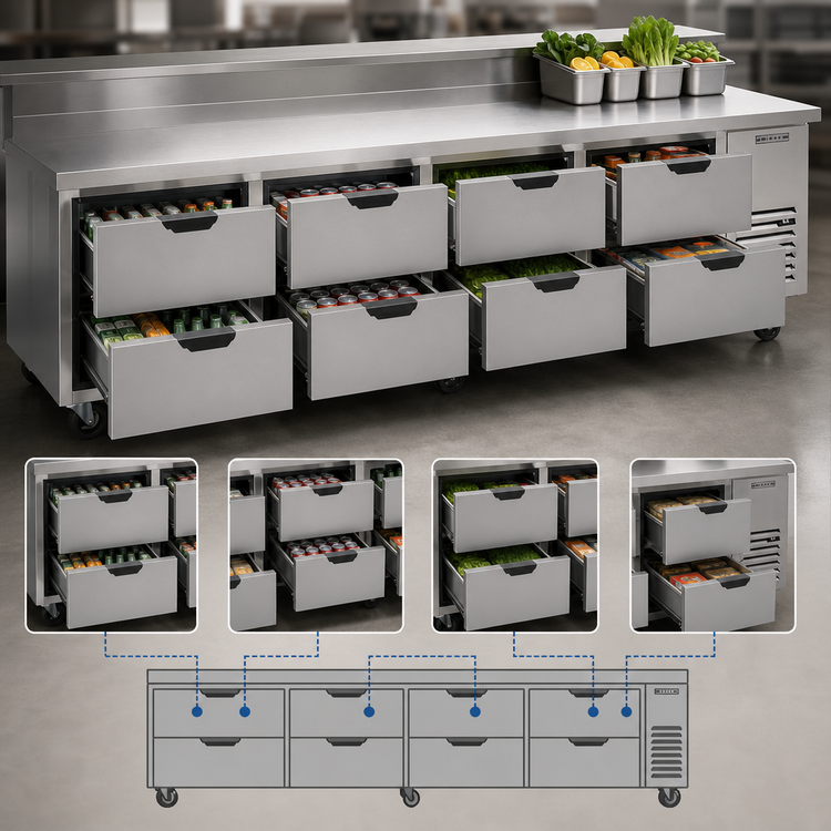 Product image #3 for Beverage-Air WTRD119AHC-8 119-Inch Four-Section Worktop Drawer Refrigerator