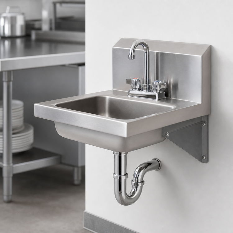 Product image #3 for BK Resources 304 Stainless Steel Wall-Mount Hand Sink with 14" x 10" x 5" Bowl, Faucet, P-Trap, and Basket Drain