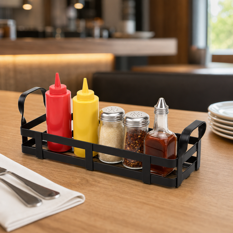 Product image #3 for 12-3/4 Inch Rectangular Black Metal Condiment Rack with Handles