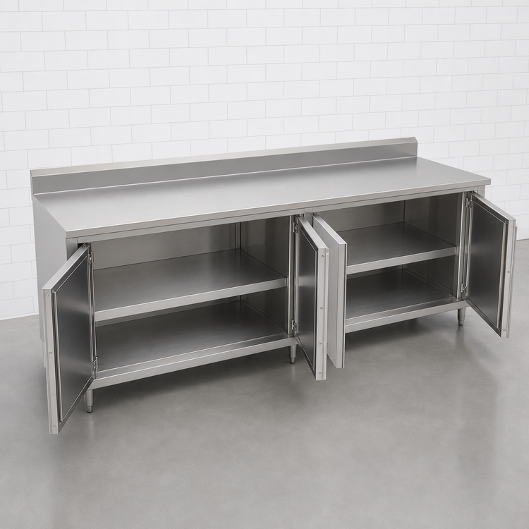 Product image #3 for John Boos 120" x 30" Enclosed Base Work Table with Hinged Doors and 5" Backsplash