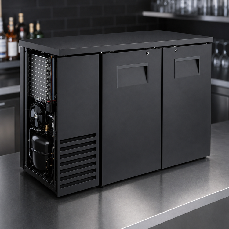 Product image #3 for Two-Section Single-Zone Solid Swing Door Back Bar Cooler, 48-1/8 Inch Wide, 24 Inch Deep, Black Sub Top and Black Exterior