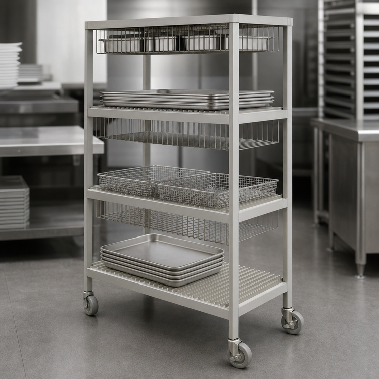 Product image #3 for Dinex 4-Shelf Multi-Purpose Aluminum Drying and Transport Rack with 1-1/2-Inch Tray Spacing