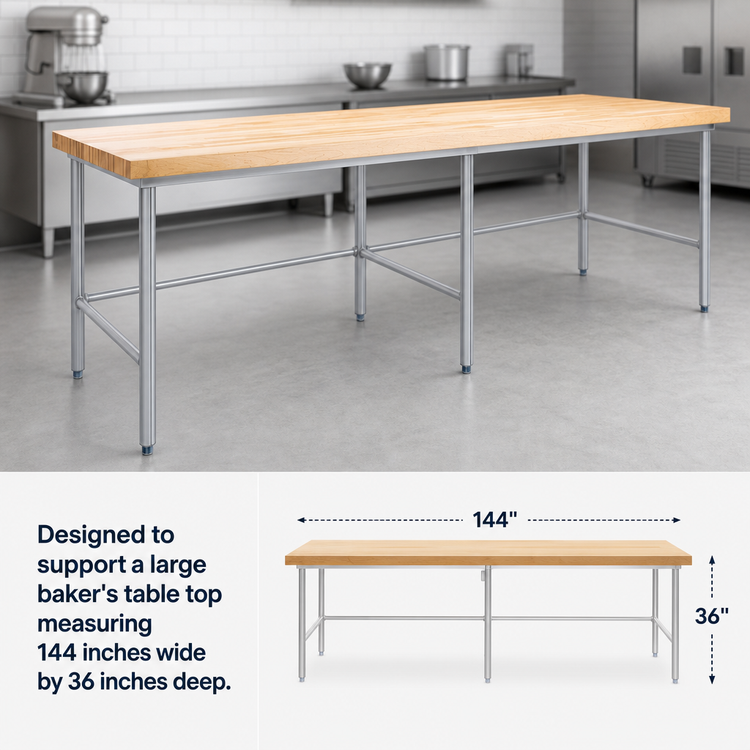 Product image #3 for John Boos Stainless Steel Baker's Table Frame for 144 x 36 Inch Top, Without Bin Stops