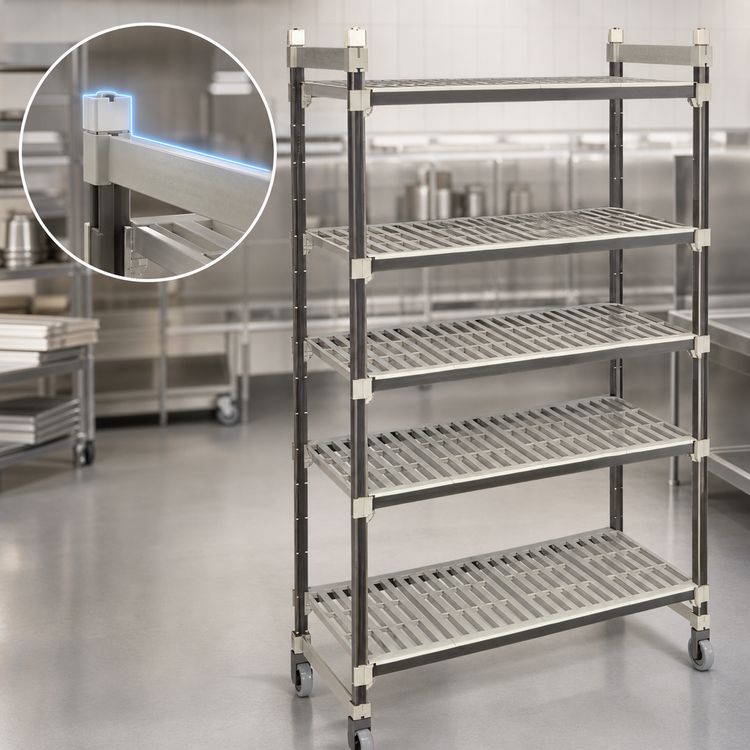 Product image #3 for Cambro Camshelving Elements XTRA Series High Density Top Rail 5-Tier Mobile Starter Unit, 21 x 48 x 80 Inches, Speckled Gray