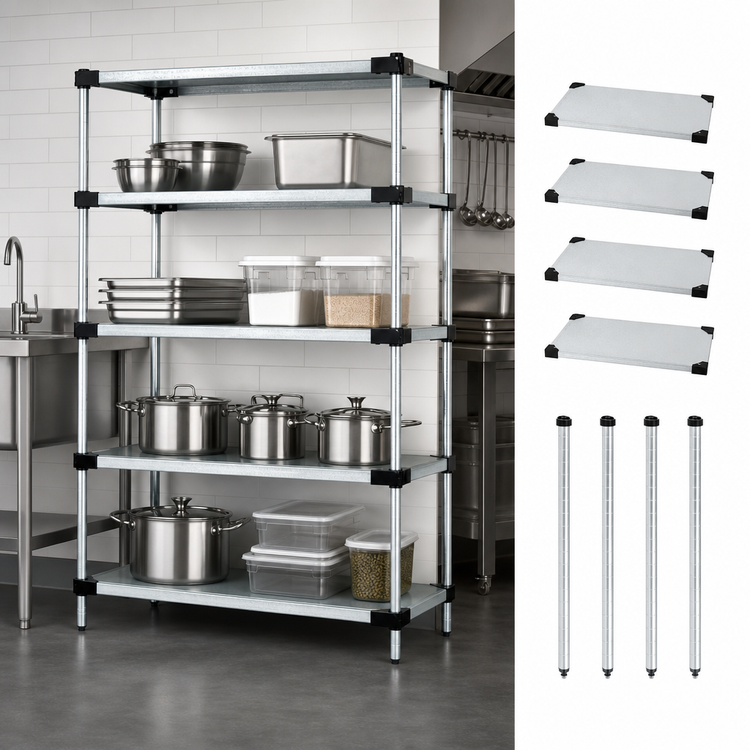 Product image #3 for Quantum Solid Shelving Starter Kit, 60" W x 21" D x 86" H, 4-Shelf, Stationary, Galvanized Steel with Chrome Posts