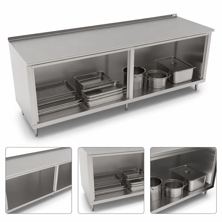 Product image #3 for John Boos Open Front Cabinet Base Work Table, 108 Inch x 30 Inch, 16-Gauge Stainless Steel Top, 1-1/2 Inch Rear Riser