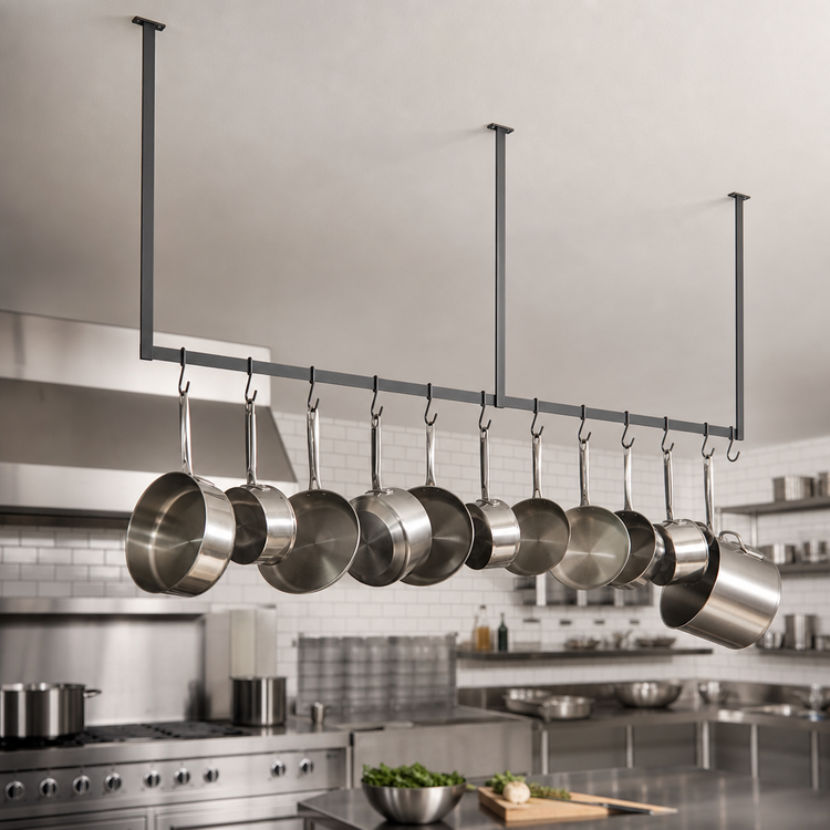 Product image #3 for John Boos Ceiling-Mounted Single-Bar Stainless Steel Pot Rack with 12 Double Hooks, 139-1/4 Inches W x 48 Inches H
