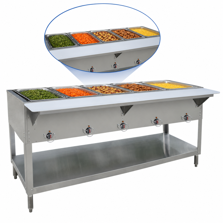 Product image #3 for BK Resources 5-Well Propane Commercial Steam Table with Cutting Board Shelf and Adjustable Undershelf