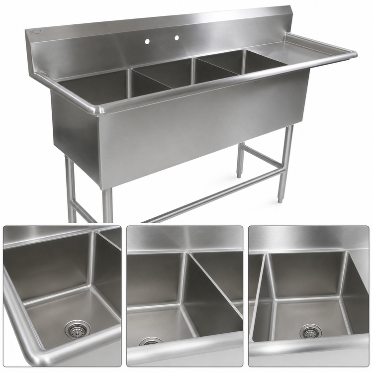 Product image #3 for John Boos Pro-Bowl 3-Compartment Sink with 18" Right Drainboard, 20" x 20" x 12" Bowls, 16-Gauge Stainless Steel