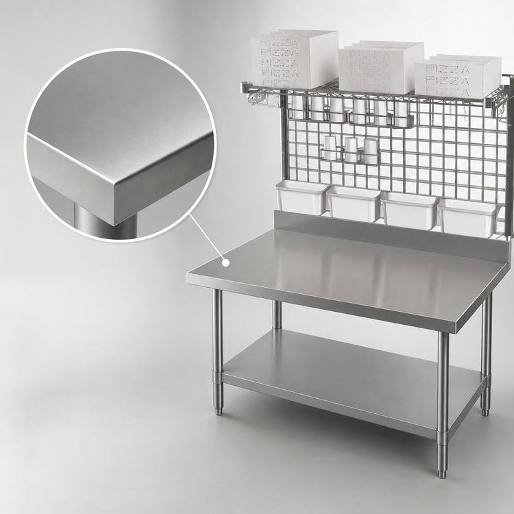 Product image #3 for Eagle Group Heavy-Duty Pizza Prep Area Work Table with 14-Gauge 304 Stainless Steel Top, Overshelf, and Wall Grid, 60W x 24D