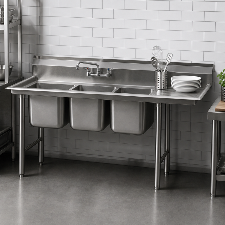 Product image #3 for Three-Compartment Stainless Steel Sink with Right-Hand 24-Inch Drainboard, 18 x 24-Inch Bowls