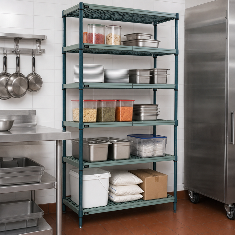 Product image #3 for Quantum 5-Tier Stationary Wire Plastic Mat Shelving Unit, 24 x 14 x 86 Inches, Green Epoxy Coated