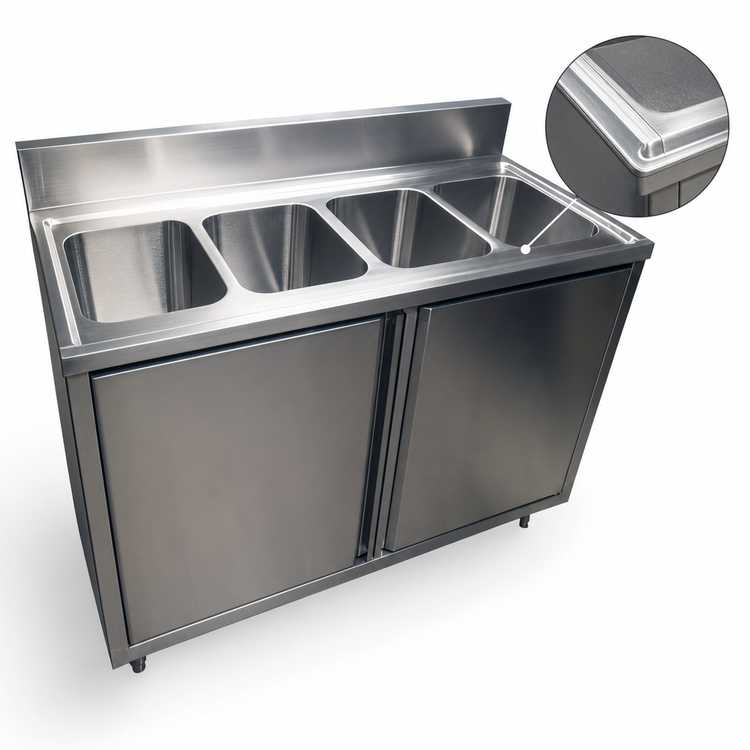 Product image #3 for BK Resources Four-Compartment Stainless Steel Sink Cabinet with Hinged Doors, 48 x 24 Inches