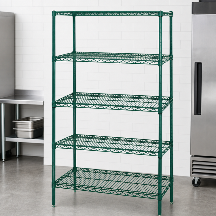 Product image #3 for Quantum Stationary Wire Shelving Starter Kit, 72"W x 36"D x 86"H, 5 Shelves, Green Epoxy