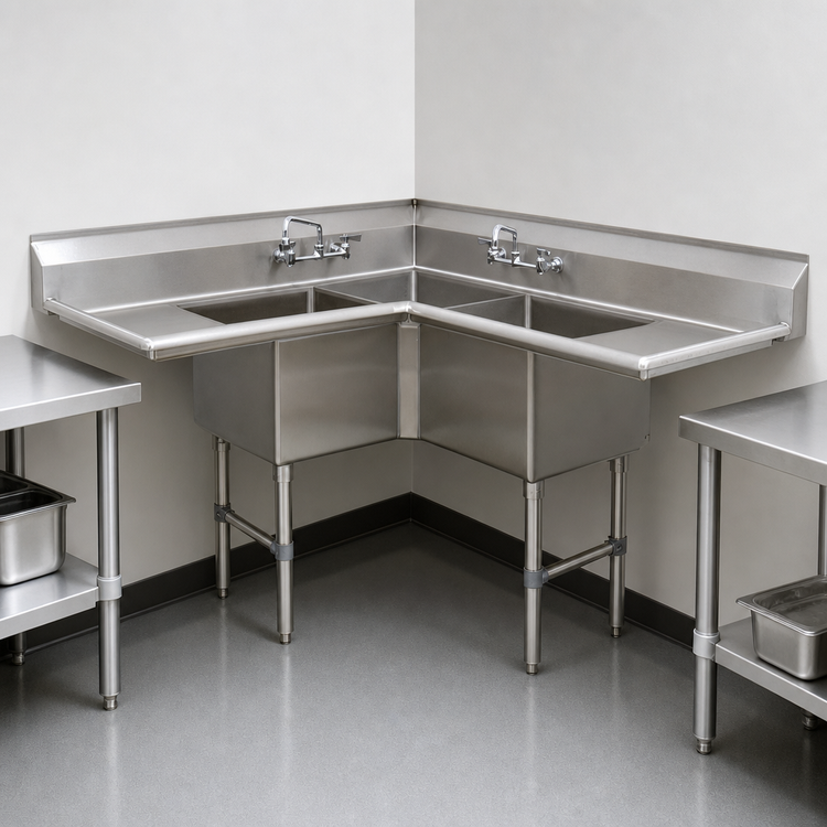 Product image #3 for Advance Tabco Fabricated NSF 3-Compartment L-Shaped Corner Sink with 18-Inch Drainboards, 16-Gauge 304 Stainless Steel