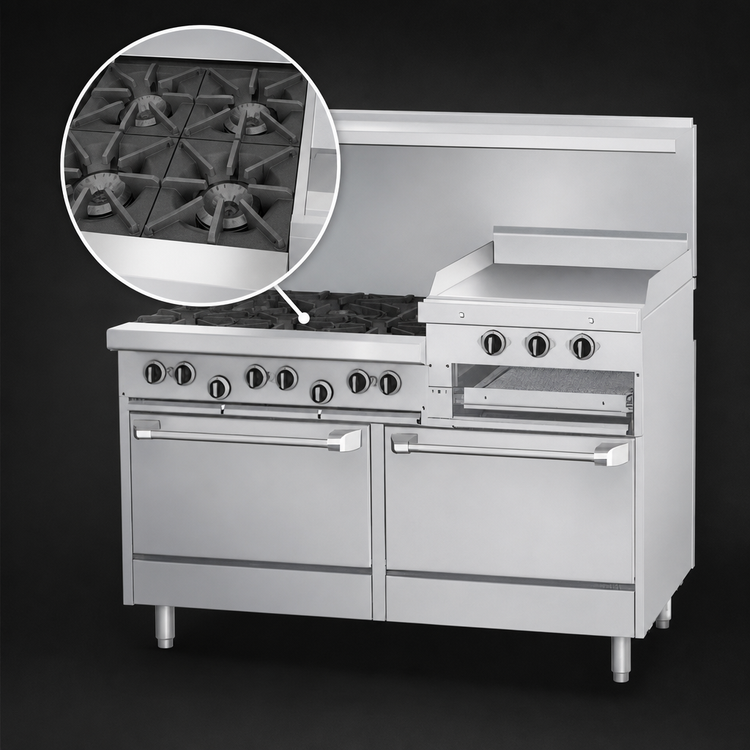 Product image #3 for Garland U.S. Range U Series 60-Inch Gas Restaurant Range with 6 Open Burners, 24-Inch Raised Griddle/Broiler and Double Storage Base