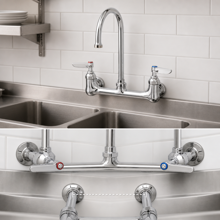 Product image #3 for Wall Mount Commercial Faucet with 8 Inch Adjustable Centers, 6 Inch Swivel Gooseneck Spout, and 0.35 GPM Spray Device
