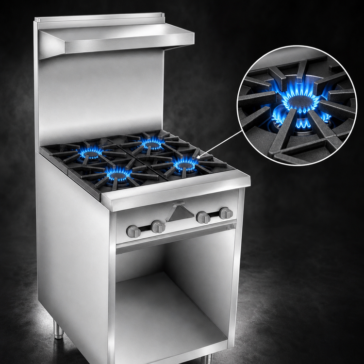 Product image #3 for Comstock-Castle F32 24-Inch 4-Burner Gas Range with Open Front Cabinet Base and High Back Riser Shelf