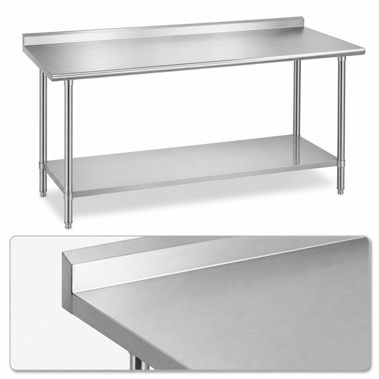 Product image #3 for Duke 120 Inch x 36 Inch 16-Gauge 400 Series Stainless Steel Work Table with 1-1/8 Inch Straight Riser and Galvanized Undershelf