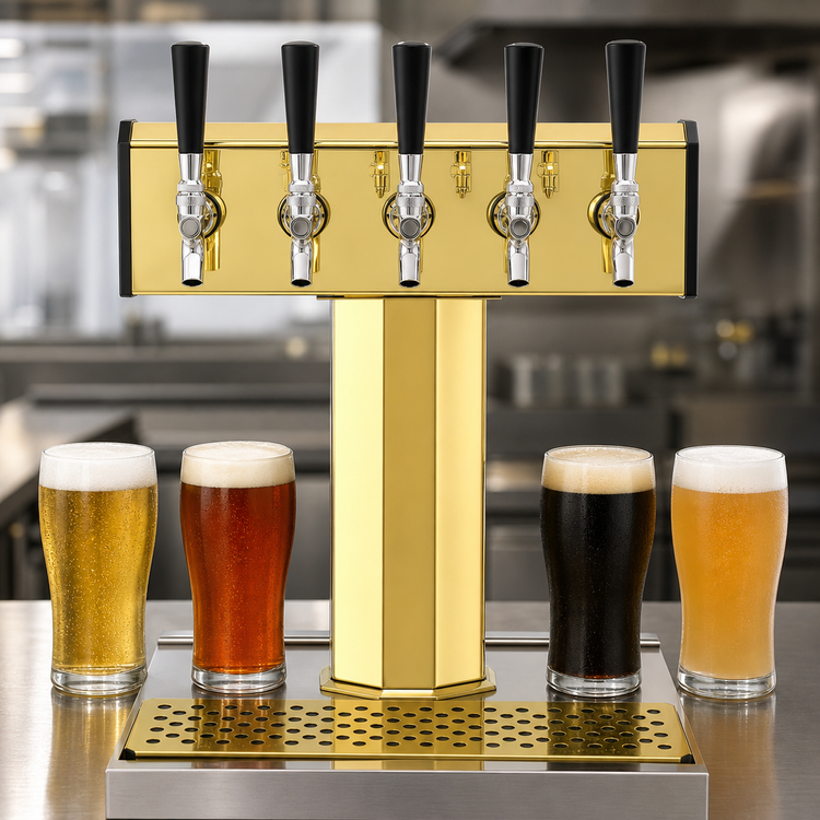 Product image #3 for Glastender 5-Faucet Countertop Tee Draft Dispensing Tower, Glycol-Cooled, Polished Brass Finish