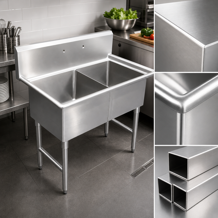 Product image #3 for Steel Works Stainless Two-Compartment Commercial Sink with Legs, 18-Gauge 304 Stainless Steel, No Drainboard