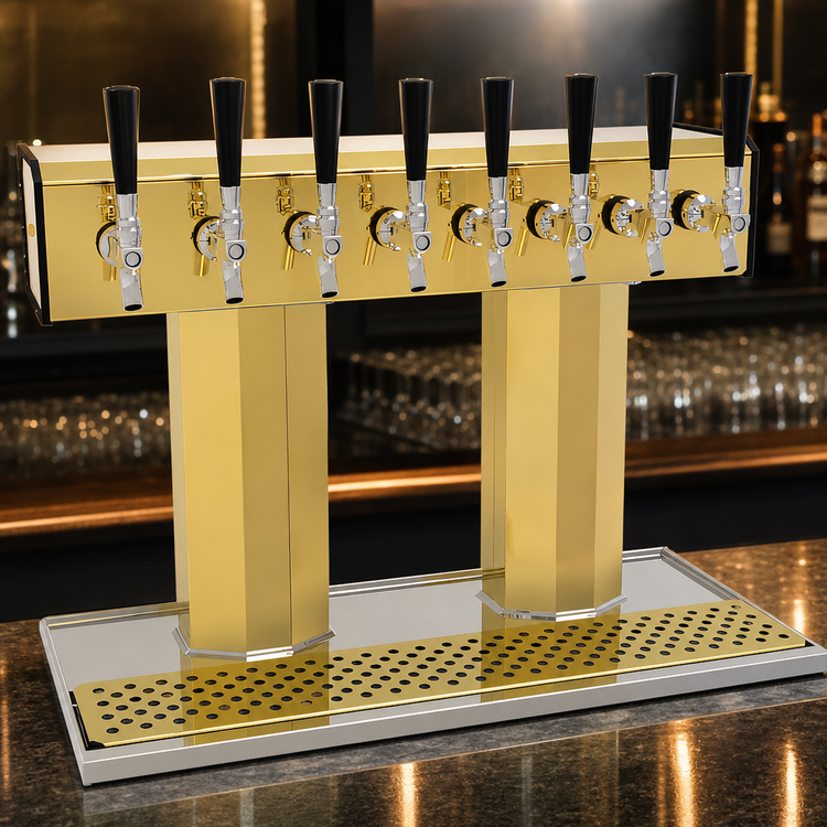 Product image #3 for Glastender Countertop Air-Cooled Tee Draft Dispensing Tower with 8 Faucets, Stainless Steel Construction and Polished Brass Finish