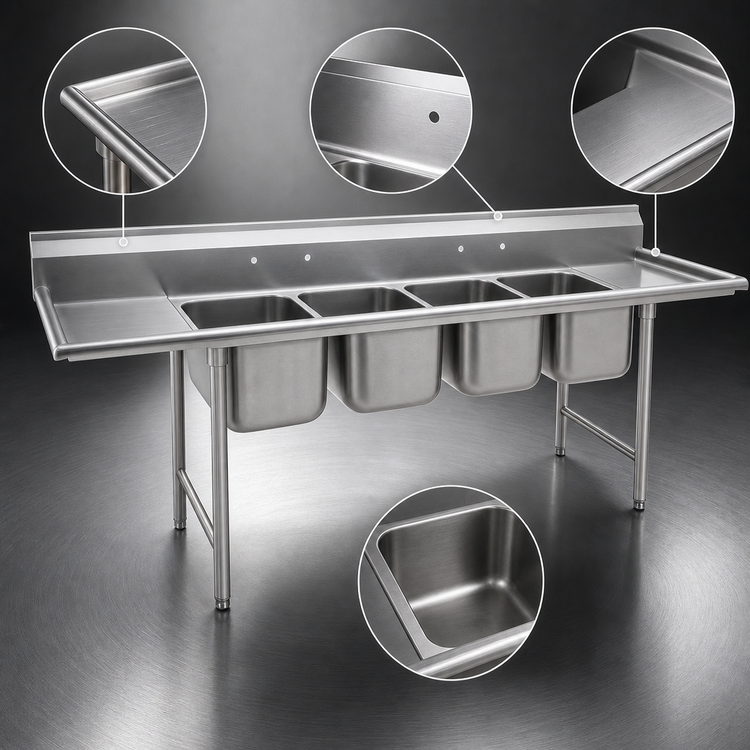 Product image #3 for Eagle 314 Series Four-Compartment Coved Corner Sink with Double 24-Inch Drainboards, 16-Inch Bowls