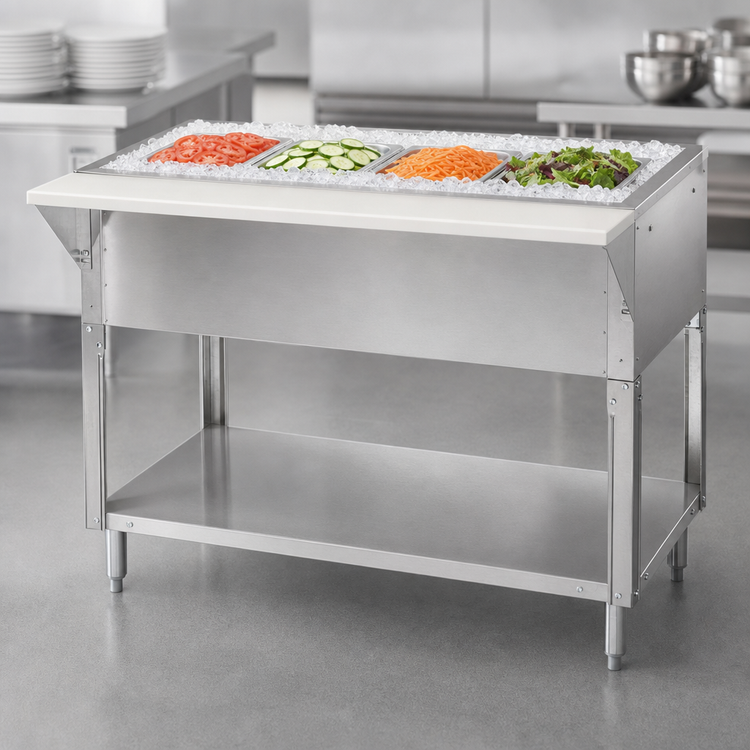 Product image #3 for Advance Tabco Triumph (Supreme) Ice Cooled 2-Pan Serving Counter with Cutting Board and Undershelf, 31-13/16 Inch W x 30-5/8 Inch D