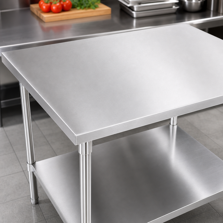 Product image #3 for John Boos Stallion 30" x 30" 16-Gauge 300 Series Stainless Steel Corner Work Table with Safety Edge, Galvanized Legs & Adjustable Undershelf