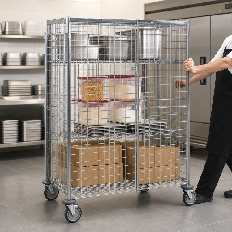 Product image #3 for Metro Super Erecta qwikSLOT Mobile Chrome-Plated Wire Security Cage, 52-3/4 x 27-1/4 x 68-1/2 Inches