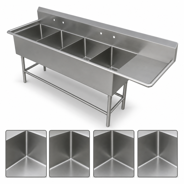 Product image #3 for John Boos Pro-Bowl 4-Compartment Sink with Right Drainboard, 16-Gauge Stainless Steel, 24" x 24" x 14" Bowls