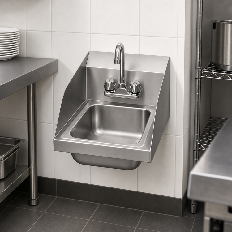 Product image #3 for Space Saver Wall-Mount 304 Stainless Steel Hand Sink with Gooseneck Faucet, Side Splashes and Basket Drain, 13 x 19 Inch